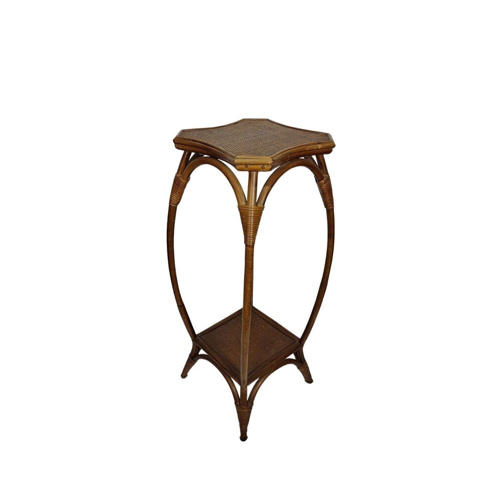 Vintage MCM Bamboo Rattan Wicker Pedestal Wood Plant Stand Table Bohemian